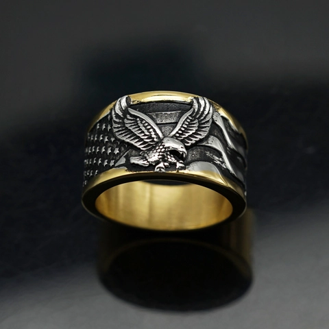 Vintage 316 Stainless Steel Flying Eagle Ring Men Two Tone Gold American Flag Relief Hip Hop Punk Band Jewelry Ring Gift