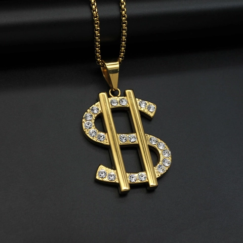 Hip Hop 316 Stainless Steel Dollar Sign Pendant Necklace With Rhinestone IP Gold Plated Men Women Fashion Jewelry