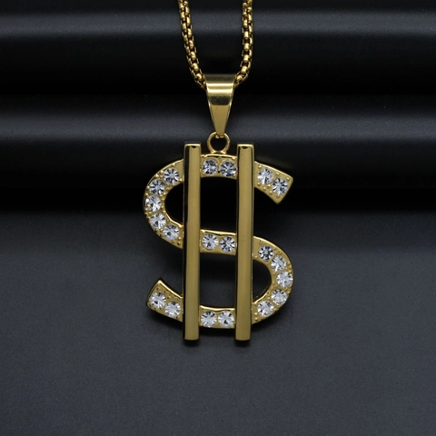 Hip Hop 316 Stainless Steel Dollar Sign Pendant Necklace With Rhinestone IP Gold Plated Men Women Fashion Jewelry
