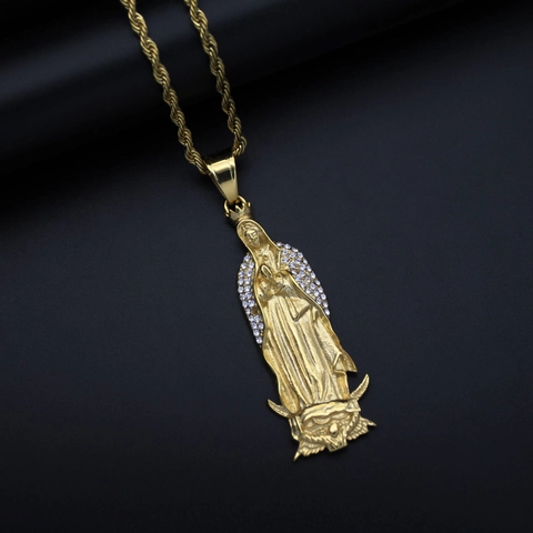 Hip Hop Stainless Steel Our Lady Of Guadalupe Pendant Gold Plated Virgin Mary Relief With Rhinestone Religious Jewelry