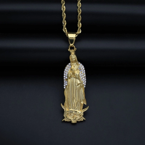 Hip Hop Stainless Steel Our Lady Of Guadalupe Pendant Gold Plated Virgin Mary Relief With Rhinestone Religious Jewelry