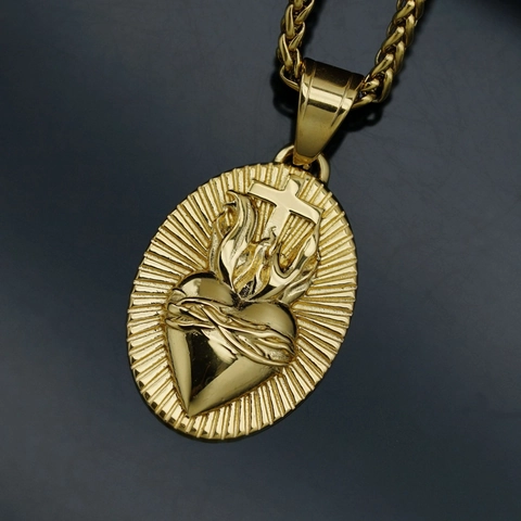 Hip Hop Edelstahl 18K Gold Heiligstes Herz Jesu Kreuz Anhänger Halskette Für Damen Herren Religiöser Polierter Ovaler Schmuck
