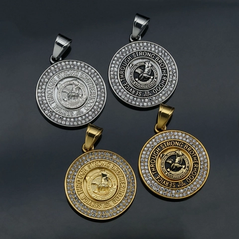 Stainless Steel Philippine Eagles Brotherhood Round Medallion Pendant For Men Women Pave Rhinestone Street Style Jewelry