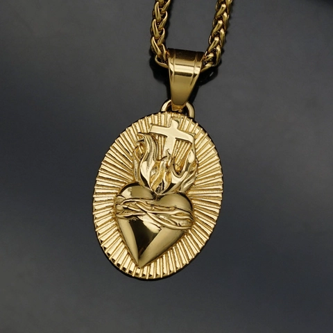 Hip Hop Edelstahl 18K Gold Heiligstes Herz Jesu Kreuz Anhänger Halskette Für Damen Herren Religiöser Polierter Ovaler Schmuck