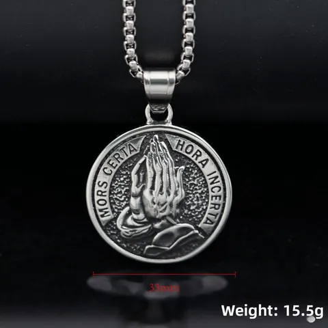 Hip Hop Praying Hands Medallion Pendant 316 Stainless Steel Latin Motto Vintage Round Religious Jewelry Necklace For Men Women