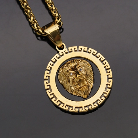 Hip Hop 316 Acero Inoxidable Chapado Oro Cabeza León Solo Colgante Sin Cadena Zirconia Meandro Griego Joyería