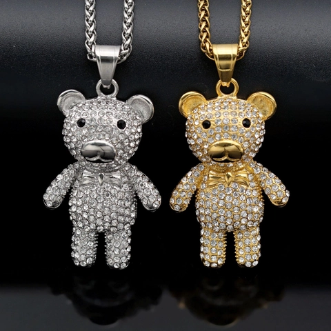 Hip Hop Iced Out Teddy Bear Pendant Necklace 316 Stainless Steel Gold Silver Plated Rhinestone Animal Jewelry For Men Women