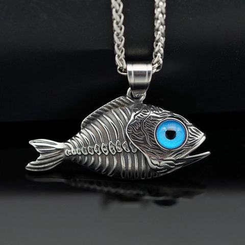 Collar Con Colgante de Espina de Pescado de Acero Inoxidable Retro Con Ojo Turco Azul Hip Hop Punk Joyería para Hombre Mujer