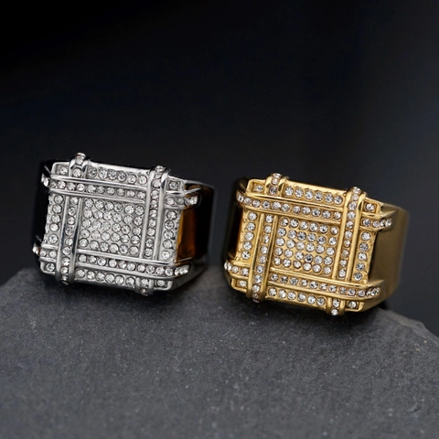 Hip Hop Iced Out 316 Stainless Steel Grid Ring For Men Gold Silver Plated Zirconia Full Rhinestone Luxury Square Band Ring
