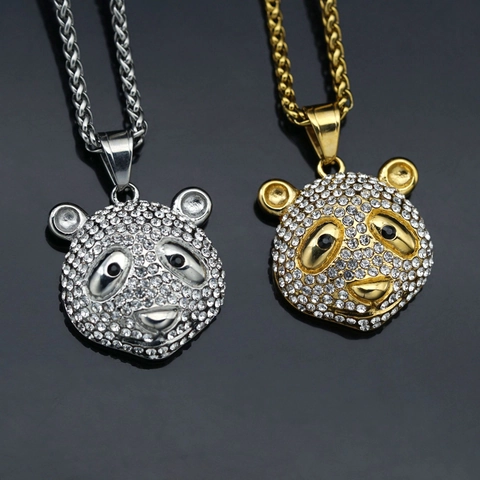 Pendentif Panda en Acier Inoxydable Hip Hop Pour Hommes Femmes Strass Animaux Bijoux Or Argent Sans Chaîne