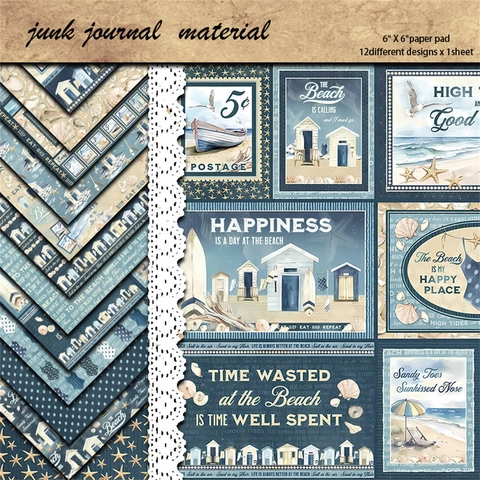 12 Sheets Retro Beach Theme Scrapbook Paper 6x6 Inch 135gsm Cardstock For DIY Junk Journal Collage Crafting Materials