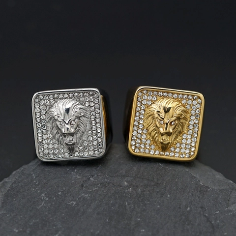 Hip Hop 316 Stainless Steel Pave Rhinestone Lion Head Ring For Men Punk Animal Square Signet Ring Jewelry Accessories