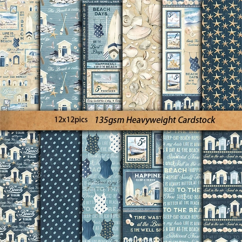 12 Sheets Retro Beach Theme Scrapbook Paper 6x6 Inch 135gsm Cardstock For DIY Junk Journal Collage Crafting Materials