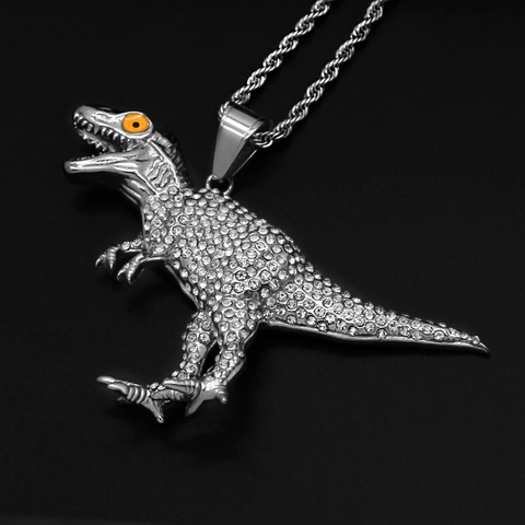 Pendentif Dinosaure T-Rex Hip Hop Iced Out pour Hommes Femmes Plaqué Or Argent Acier Inoxydable Strass Bijoux Animaux Pendentif Seul
