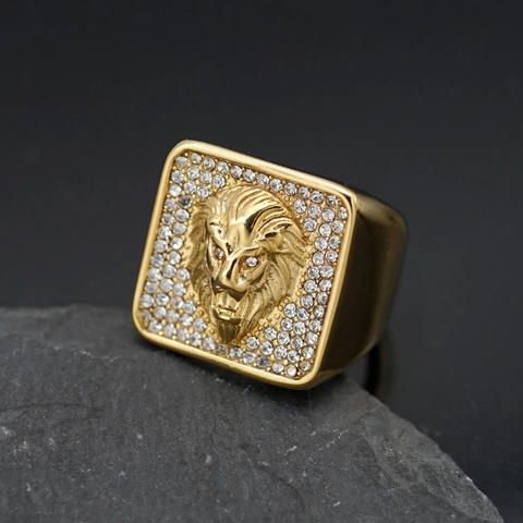 Hip Hop 316 Stainless Steel Pave Rhinestone Lion Head Ring For Men Punk Animal Square Signet Ring Jewelry Accessories