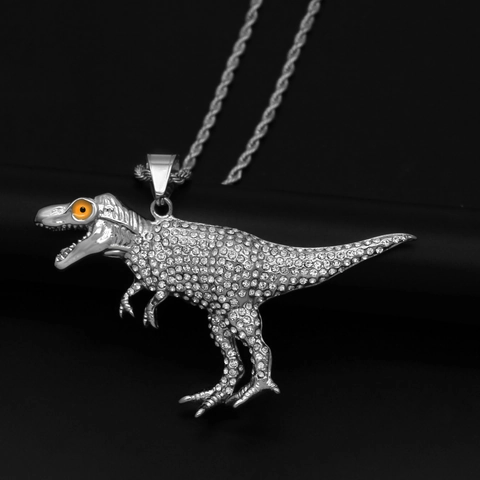 Pendentif Dinosaure T-Rex Hip Hop Iced Out pour Hommes Femmes Plaqué Or Argent Acier Inoxydable Strass Bijoux Animaux Pendentif Seul