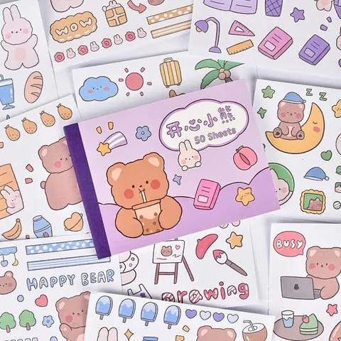 Süßes Happy Bear Cartoon Stickerbuch Wasserdichtes Washi Papier Scrapbooking Journal Material DIY Dekorative Aufkleber Für Mädchen Kinder