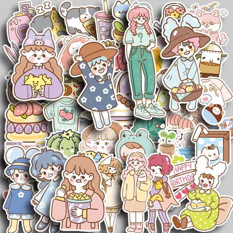 Cute Cartoon Girl Stickers Waterproof Macaron Color Decorative Decals For Scrapbooking Journaling DIY Hand Account Stationery
