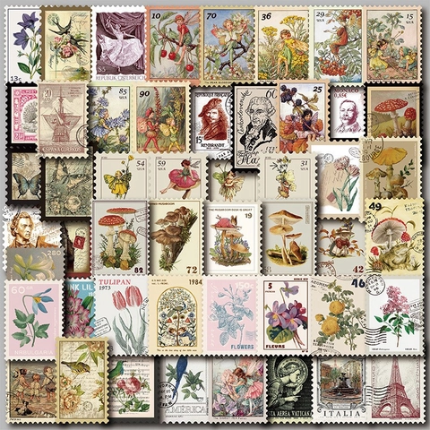 Adesivi Francobolli Vintage Decalcomanie Retro per Scrapbooking DIY Diario Floreale Fungo Fata Stile Pittura Olio Adesivi Decorativi