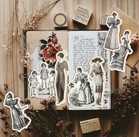 Adesivi Vintage Figure Vittoriane Carta Opaca Schizzi Ragazza Retro Disegnati a Mano per Scrapbooking DIY Journaling Decor