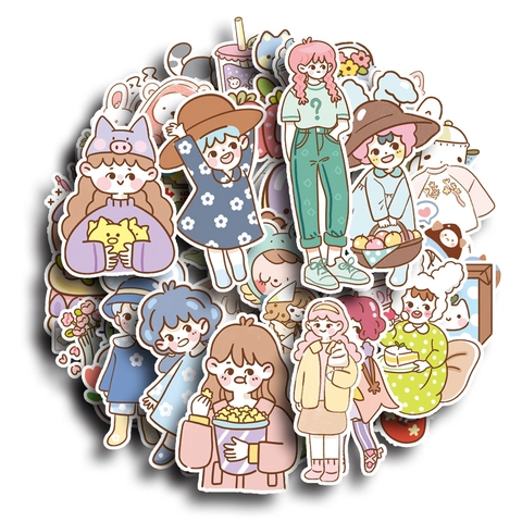 Cute Cartoon Girl Stickers Waterproof Macaron Color Decorative Decals For Scrapbooking Journaling DIY Hand Account Stationery