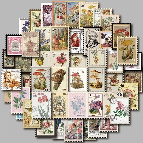 Adesivi Francobolli Vintage Decalcomanie Retro per Scrapbooking DIY Diario Floreale Fungo Fata Stile Pittura Olio Adesivi Decorativi