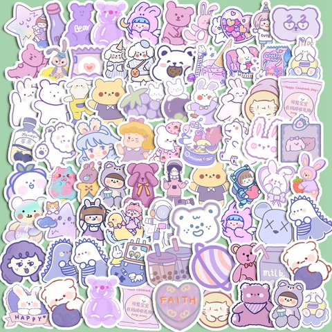 Cute Cartoon Bear Bunny Stickers Purple Series Waterproof DIY Scrapbooking Decals For Water Bottle Phone Case Stationery Decor
