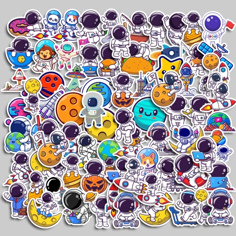 Autocollants en PVC Thème Espace Astronaute Dessin Animé Imperméables pour Ordinateur Portable Gourde Valise Coque Téléphone