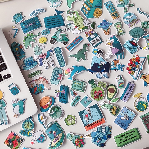 Cute Cartoon Scrapbook Stickers Blue Series DIY Decorative Waterproof PVC Stickers For Journal Notebook Laptop Decoration