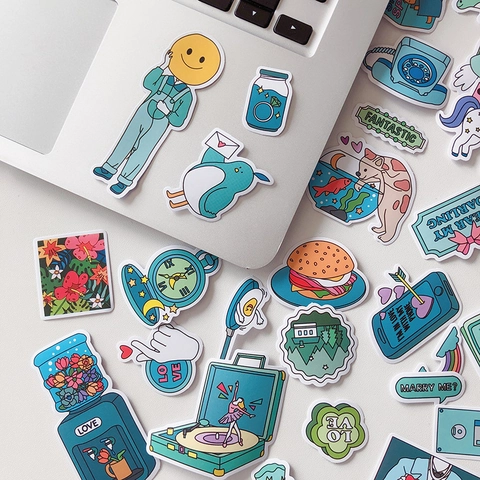 Cute Cartoon Scrapbook Stickers Blue Series DIY Decorative Waterproof PVC Stickers For Journal Notebook Laptop Decoration