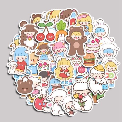 Adesivi in PVC Impermeabili Kawaii Cartone Animato Ragazza Animale Cibo per Journal Scrapbooking DIY Decorazione Regalo Bambini