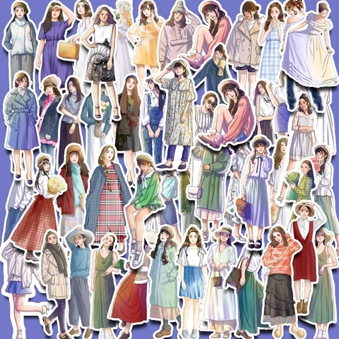 50 Pezzi Adesivi per Outfit di Moda Ragazza dei Cartoni Animati in PVC Impermeabile Illustrazione a Mano per Scrapbooking Laptop DIY