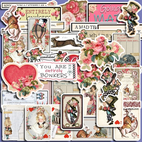 Vintage Alice In Wonderland Scrapbooking Stickers Retro Tea Party Theme DIY Floral Character Decoration Journal Stickers
