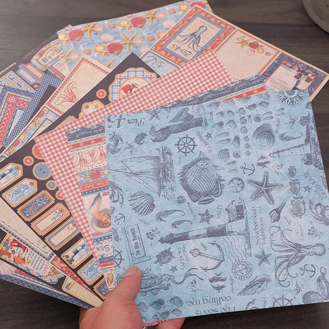 Vintage Nautical Ocean Theme Scrapbook Paper Set Retro Marine Life Pattern Decorative Background Paper For Journaling DIY Crafts