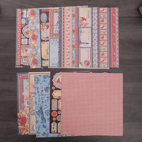 Vintage Nautical Ocean Theme Scrapbook Paper Set Retro Marine Life Pattern Decorative Background Paper For Journaling DIY Crafts