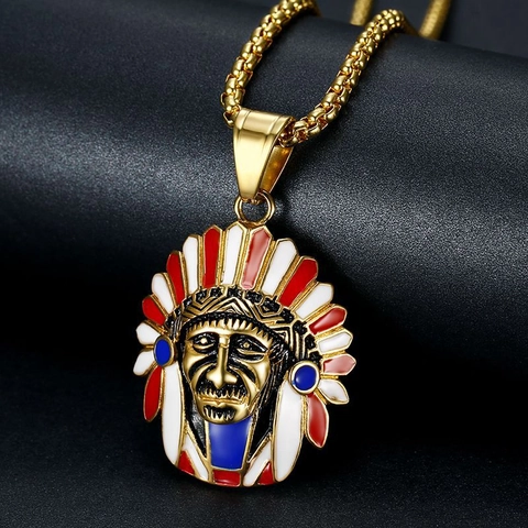 Hip Hop Indian Chief Pendant Titanium Steel Gold Plated Enamel Painted Stainless Steel Pendant Only For Men Women