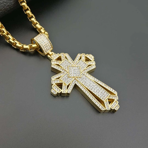 Hip Hop Titanium Steel Iced Out Large Cross Pendant For Men Gold Plated Geometric Rhinestone Religious Jewelry Single Pendant