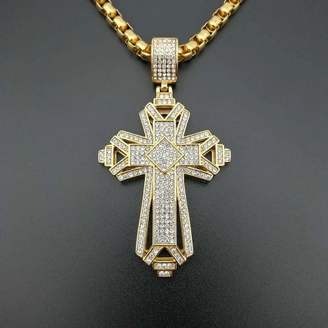 Hip Hop Titanium Steel Iced Out Large Cross Pendant For Men Gold Plated Geometric Rhinestone Religious Jewelry Single Pendant