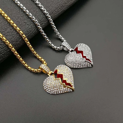 Collar Hip Hop de Acero Inoxidable Colgante Corazón Roto Iced Out Esmalte Rojo Strass Joyería para Hombre Mujer Tendencia