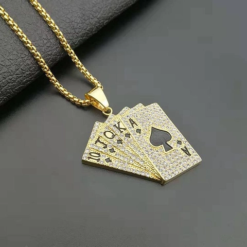 Hip Hop 316 Stainless Steel Pave Rhinestone Poker Royal Flush Spades Pendant For Men Women Gold Plated Jewelry