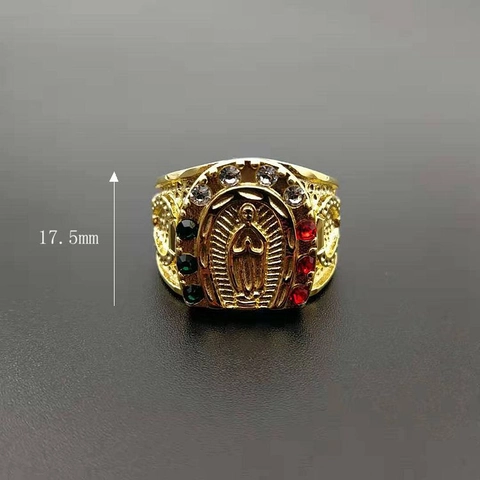 Bague en Acier Inoxydable Hip Hop Vierge Marie pour Hommes Plaqué Or Notre Dame De Guadalupe Religieux Bague Strass Fer À Cheval