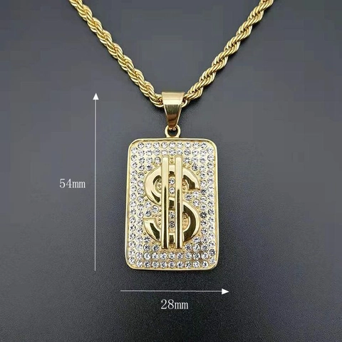 Hip-Hop Gold Plated 316L Stainless Steel Dollar Sign Pendant For Men Rhinestone Iced Out Rectangle Charm Without Chain
