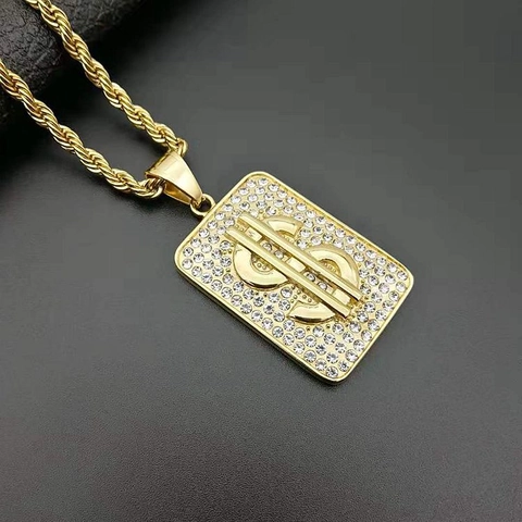 Hip-Hop Gold Plated 316L Stainless Steel Dollar Sign Pendant For Men Rhinestone Iced Out Rectangle Charm Without Chain