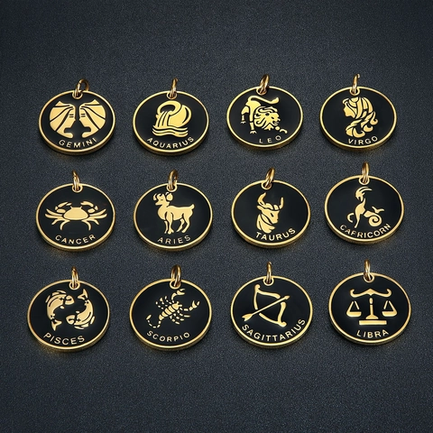 Fashion Titanium Steel Double Sided Twelve Constellations Zodiac Pendant With Rhinestone Gold Black Enamel Round Medallion Pendant Only