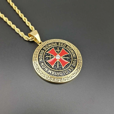 Knights Templar Cross Pendant Necklace 316 Stainless Steel Vintage Sword Shield Medal For Men Gothic Latin Inscription Rhinestone Jewelry
