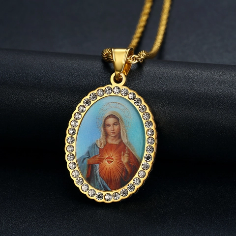 Hip Hop Titanium Steel Religious Portrait Pendant For Men Women Zirconia Inlaid Oval Virgin Mary Jesus Mona Lisa Photo Frame Pendant Without Chain
