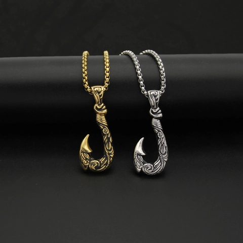 Viking Legend Fish Hook Pendant Necklace For Men 316 Stainless Steel Tribal Carved Maori Style Anchor Hook Jewelry Gift