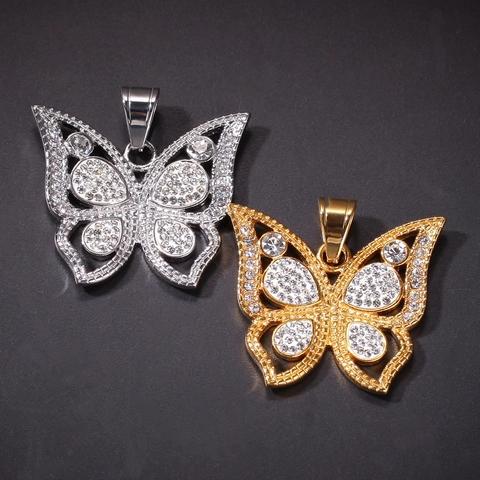 Pendentif Papillon Hip Hop Pour Femmes Acier Inoxydable Strass Iced Out Papillon Ajouré Bijoux De Cou Cadeau