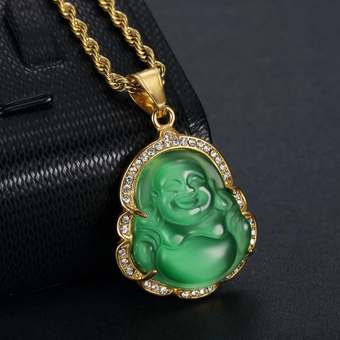 Colgante de Buda Sonriente de Acero Inoxidable Solo Sin Cadena Diamante de Imitación Incrustado Piedra Ojo de Gato Joyería Étnica