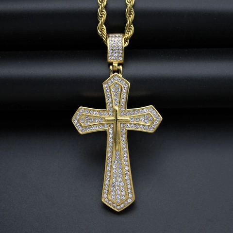 Pendaglio Doppia Croce Iced Out in Acciaio Inossidabile 316 Placcato Oro Zirconia Collana Religiosa Uomo Donna Gioielli